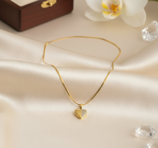 Half Zircon Heart Pendant Necklace