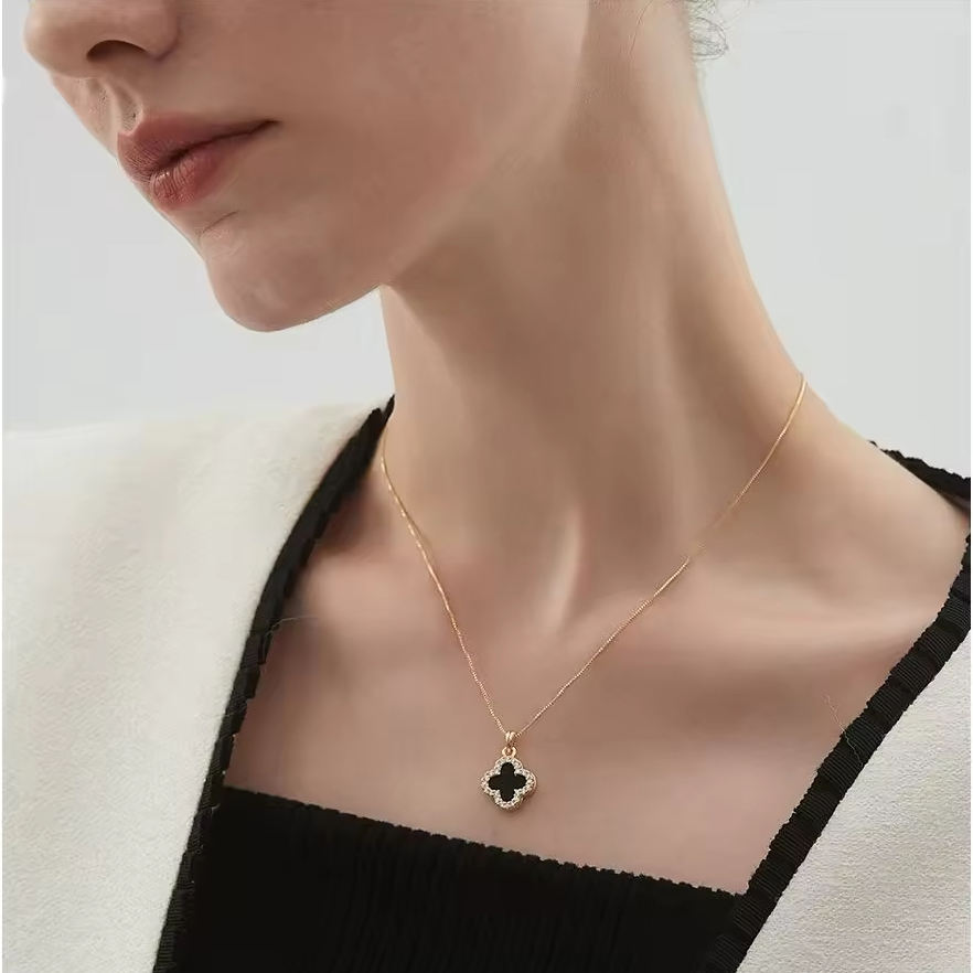 Black White Clover Flower Pendant with Chain