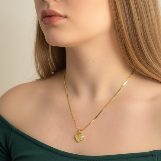 Half Zircon Heart Pendant Necklace
