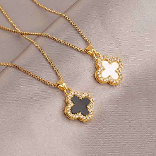 Black White Clover Flower Pendant with Chain