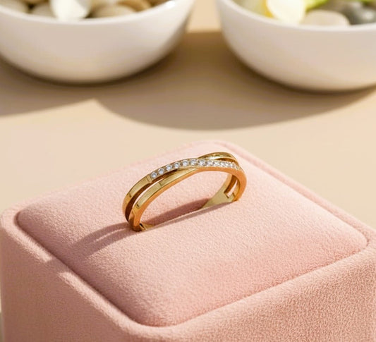 Cross-Over Stones Lined Twist Ring