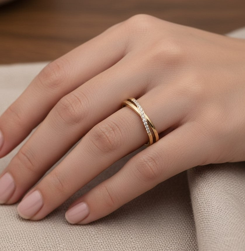 Cross-Over Stones Lined Twist Ring