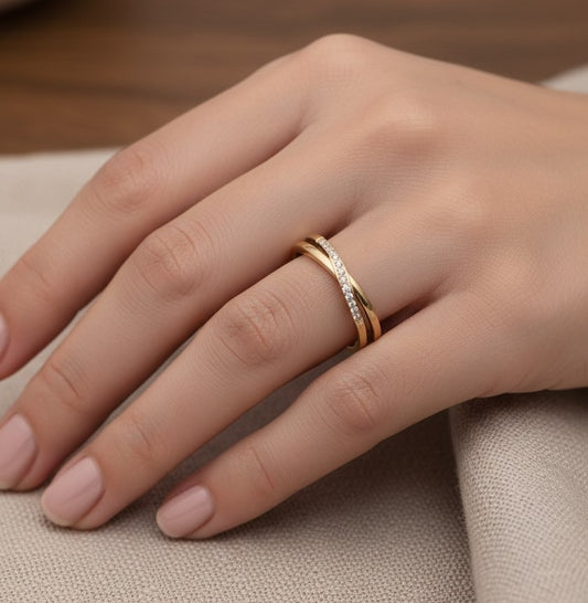 Cross-Over Stones Lined Twist Ring